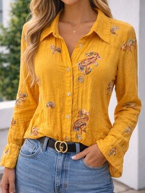 Women’s Mustard Embroidered Button-Down Top